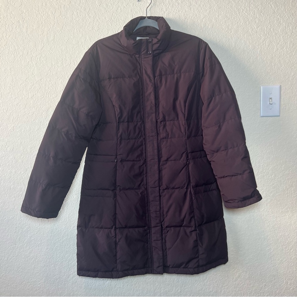 Garnet Hill Down and Feather filled quilted puffer long coat knee length purple